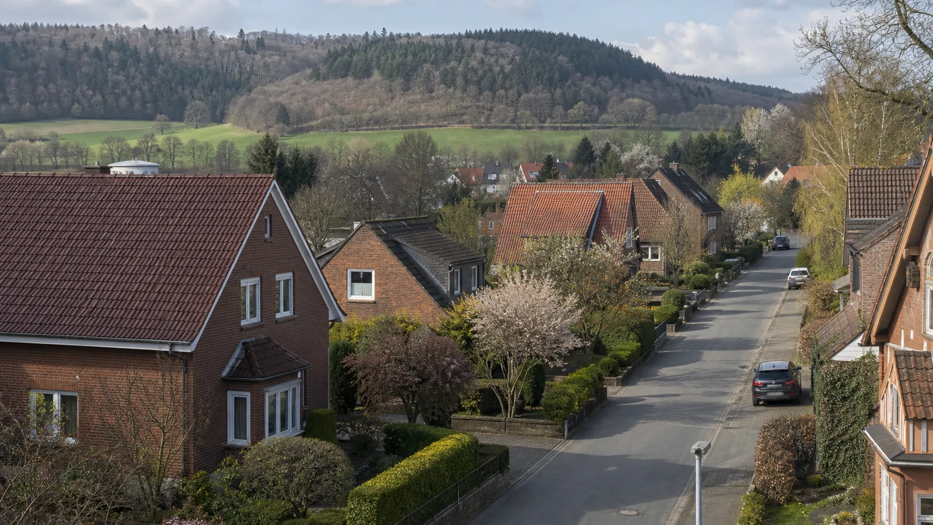 Ruhige norddeutsche Vorortstraße mit Klinker-Einfamilienhäusern - die reale Kaufentscheidung hinter der historischen Zinskurve.