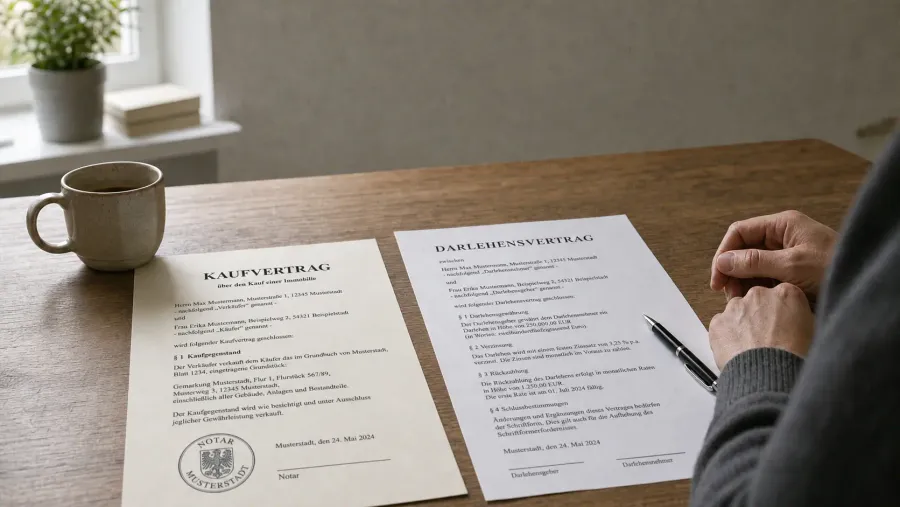 Zwei Vertragsdokumente nebeneinander auf einem Holztisch — ein notarieller Kaufvertrag und ein Bank-Darlehensvertrag, sinnbildlich für die unterschiedliche Rechtsbindung beider Unterschriften.