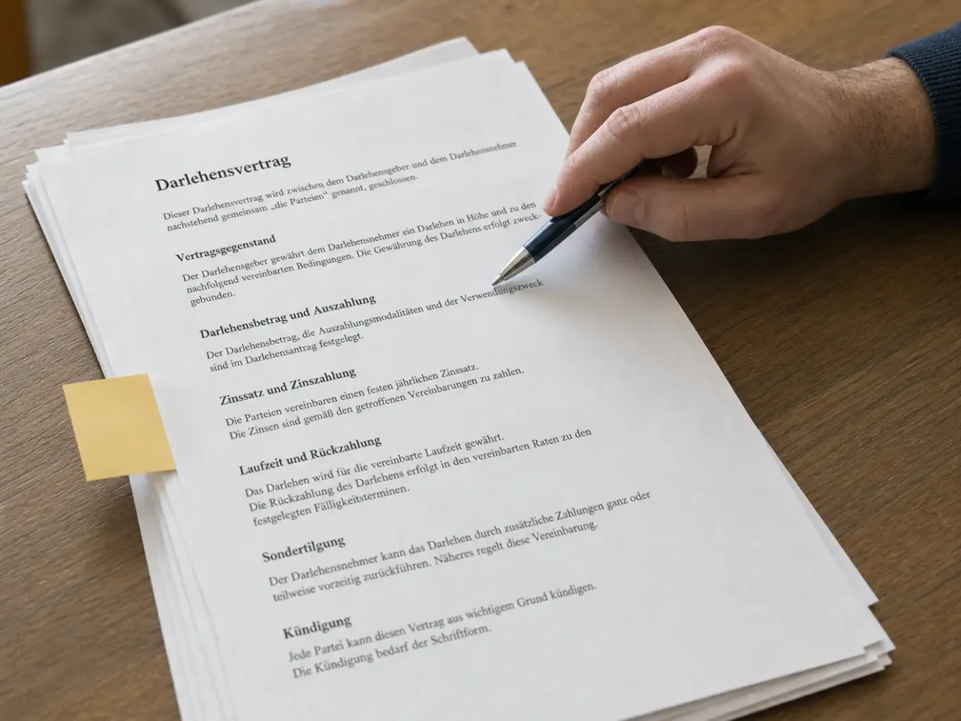 Detailaufnahme eines Darlehensvertrags mit Hand und Stift, die eine bestimmte Klausel markiert – sinnbildlich fürs genaue Prüfen vor der Unterschrift