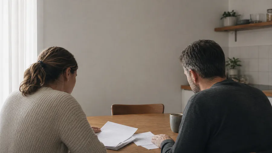 Ein Paar sichtet von hinten gesehen gemeinsam und ruhig den unterschriebenen Notarvertrag und ein Schreiben der Bank am Küchentisch.