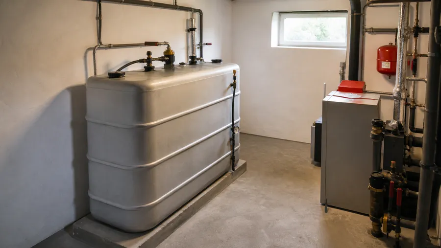 Ein gepflegter Heizungskeller mit stationärem Heizöltank und Ölbrenner in einem norddeutschen Einfamilienhaus.