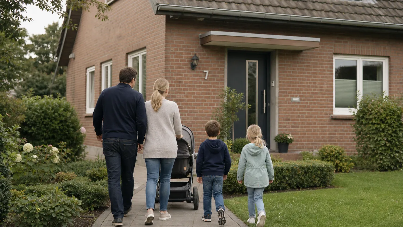 Junge Familie geht auf ein bescheidenes Klinker-Einfamilienhaus in Ostwestfalen zu — typische Zielgruppe einer tragbaren Vollfinanzierung