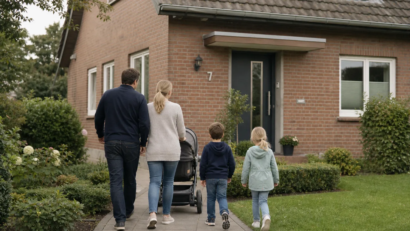 Junge Familie geht auf ein bescheidenes Klinker-Einfamilienhaus in Ostwestfalen zu — typische Zielgruppe einer tragbaren Vollfinanzierung