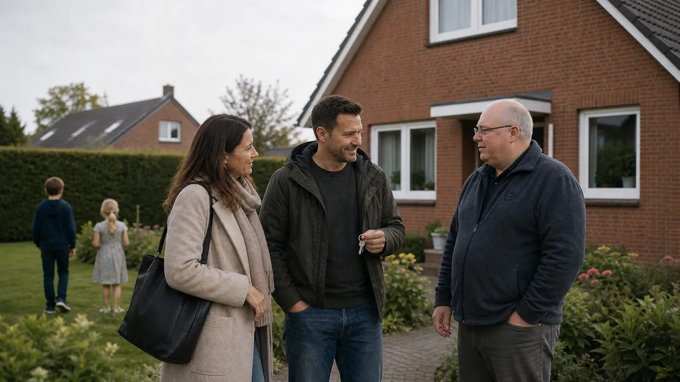 Familie und Begleiter vor dem neuen Haus in der Phase von Zahlung und Übergabe