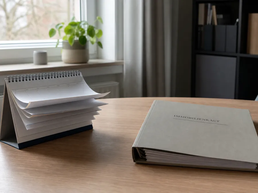 Ein aufgeschlagener Kalender mit mehreren Wochen und Vertragsunterlagen symbolisiert die Wartezeit ohne festen Stichtag bis zur Fälligkeitsmitteilung