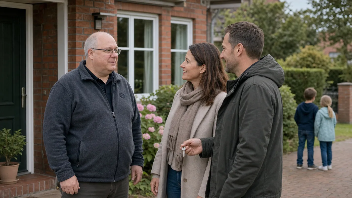 Norbert Wolf mit Familie vor dem neuen Haus in der Übergabephase