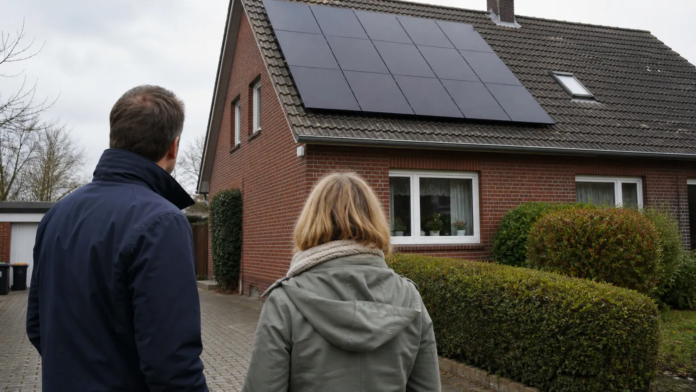 Käuferpaar steht in der Einfahrt eines Klinkerhauses und blickt auf die vorhandene Photovoltaikanlage auf dem Dach.