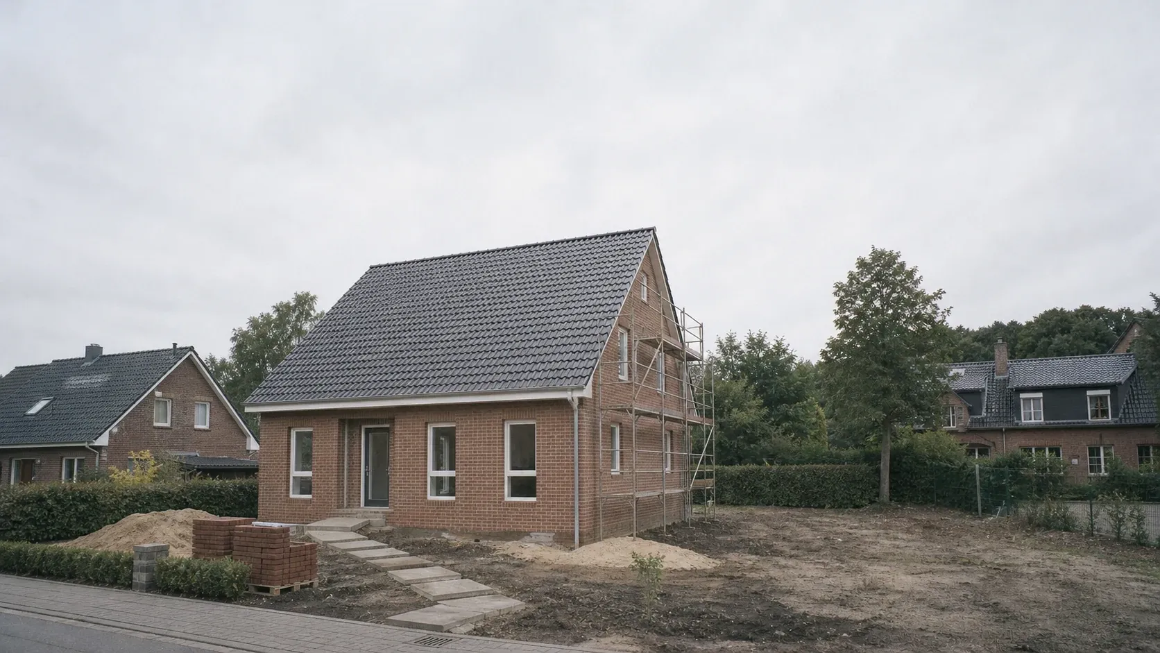 Einfamilienhaus im Rohbau mit teilweise verblendetem Klinkermauerwerk in einer Neubausiedlung