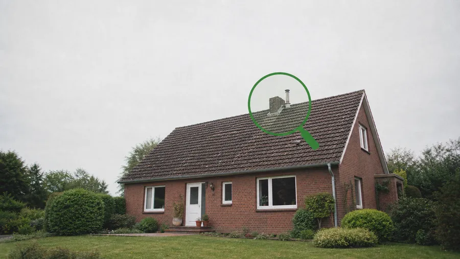 Norddeutsches Klinkerhaus mit älterem Dach und Schornstein, darüber eine dezente Lupe-Grafik in Wolf-Grün als Hinweis auf verdeckten Sanierungsbedarf.