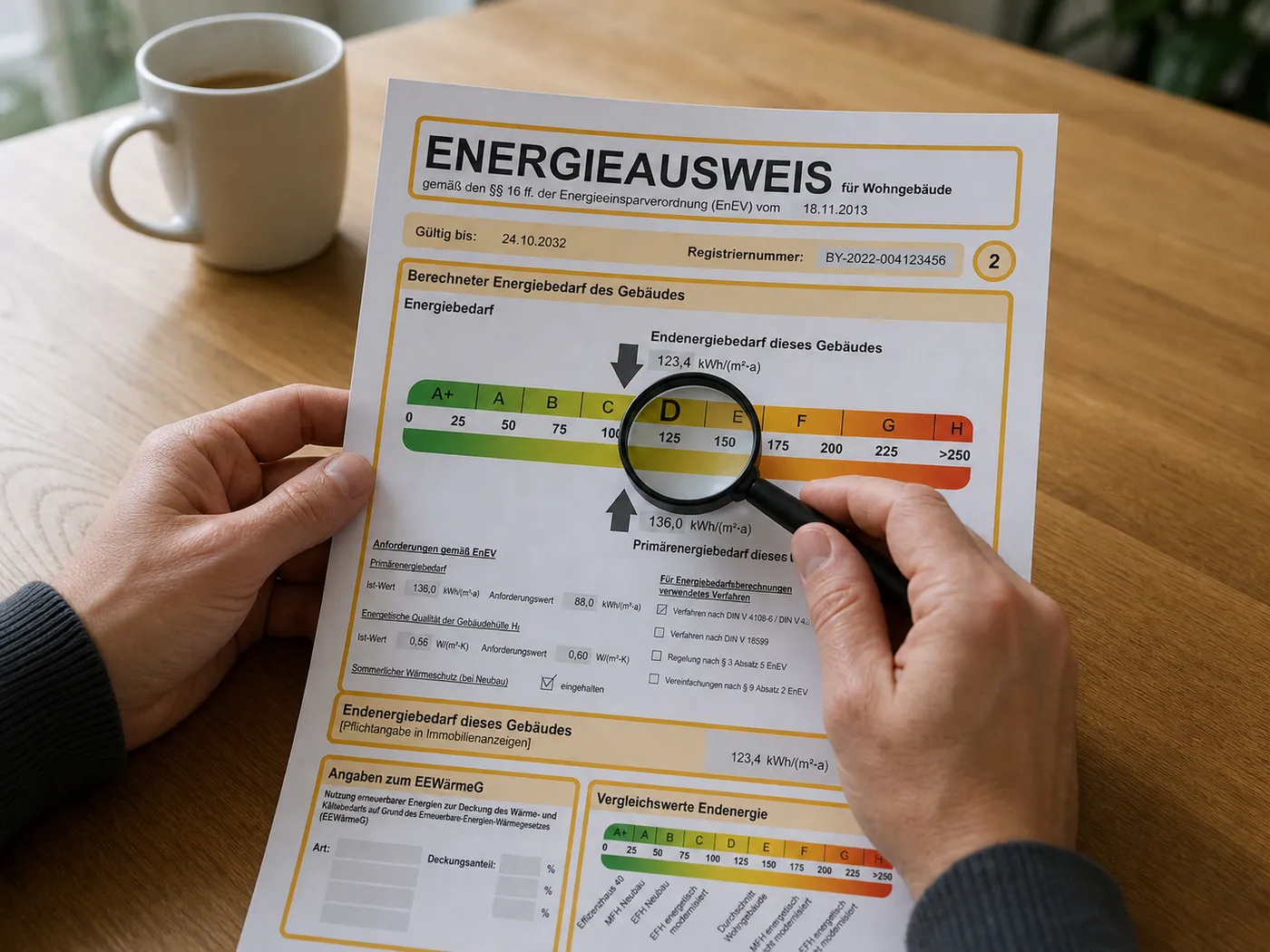 Zwei Hände prüfen an einem Holztisch einen ausgedruckten Energieausweis mit einer Lupe, ruhige Vorbereitungssituation vor dem Notartermin