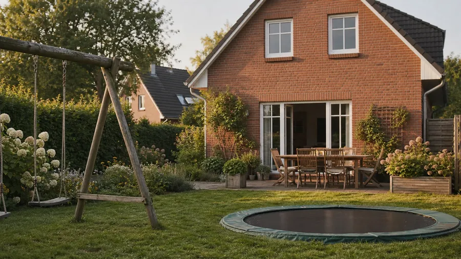 Eingelebte Gartenseite eines Klinkerhauses mit Trampolin und Schaukel im Nachmittagslicht — Anschlussfinanzierung nach zehn Jahren