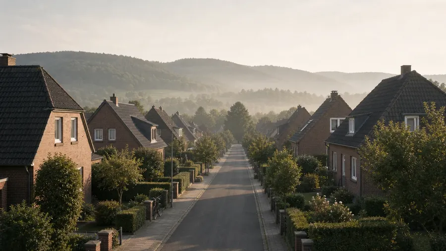 Erhöhter Blick über eine ostwestfälische Wohnstraße mit Klinkerhäusern und bewaldeten Hügeln im Hintergrund