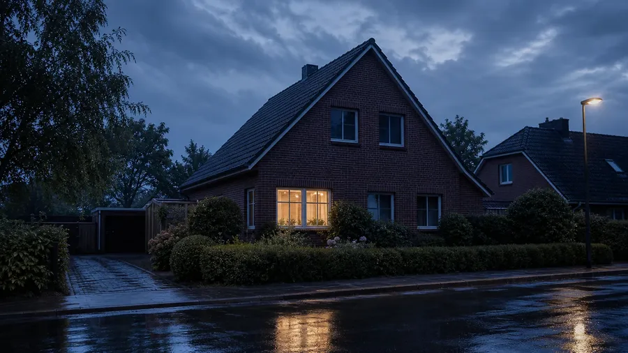 Klinkerhaus in der Dämmerung nach Regen mit einem erleuchteten Fenster — Scheidung, Arbeitslosigkeit und geplatzte Finanzierung