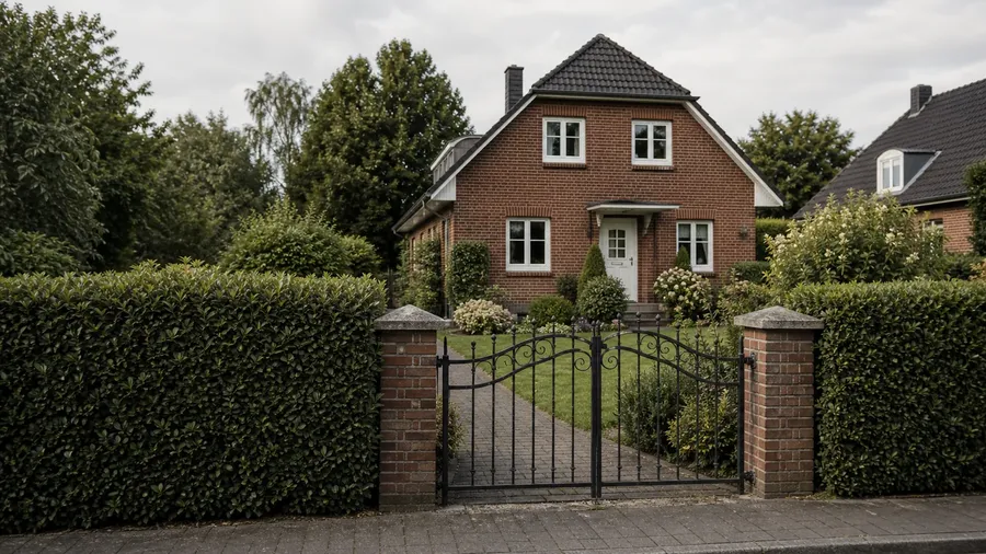 Geschlossenes Gartentor mit Blick auf ein Klinker-Einfamilienhaus — Machbarkeit vor dem Hauskauf prüfen