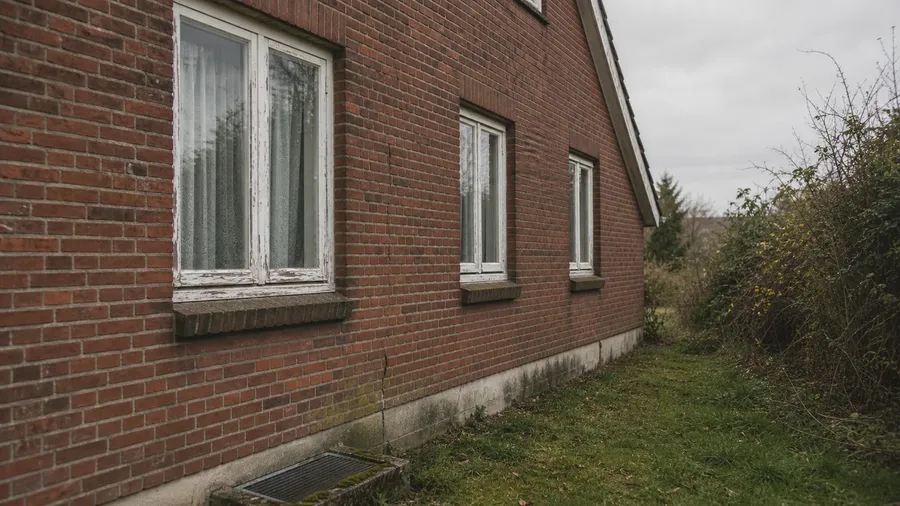 Giebelwand eines älteren Klinkerhauses mit alten Holzfenstern und Feuchtespuren im Sockel — Sanierungspflichten vor dem Kauf prüfen