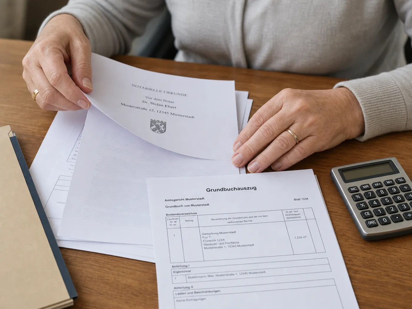 Hände sortieren notarielle Unterlagen und einen Grundbuchauszug auf einem Schreibtisch — die administrative Seite der Grundschuldübertragung bei einem Bankwechsel.